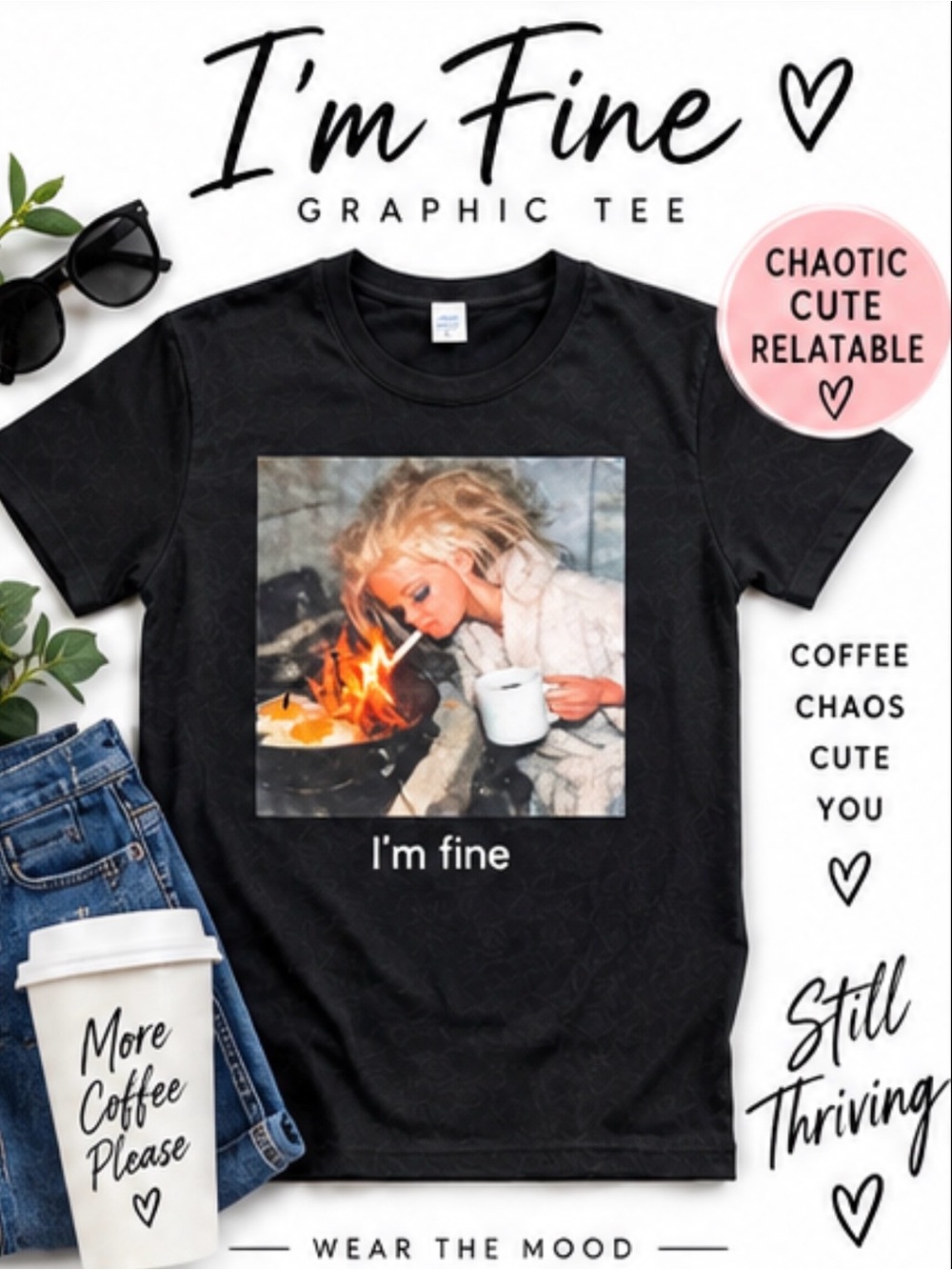 Barbie Chaos Black 'I'm fine' Graphic Tee Unisex